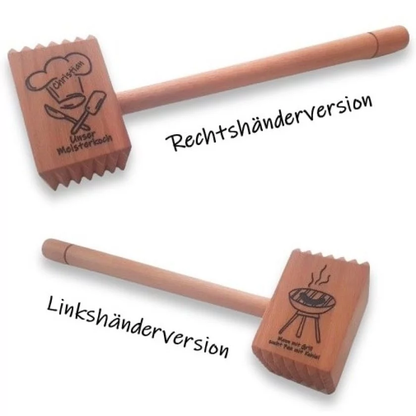 Fleischklopfer mit Gravur Unser Meisterkoch und Grill Rechtsänderversion und Linkshänderversion